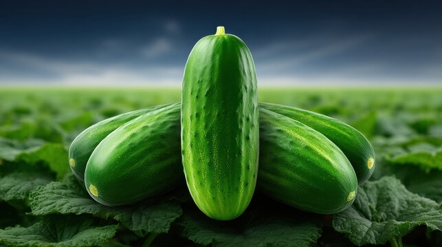 Fresh cucumber on green leaf in field with dramatic sky, ripe green vegetable, natural farm harvest, close up outdoor scene
