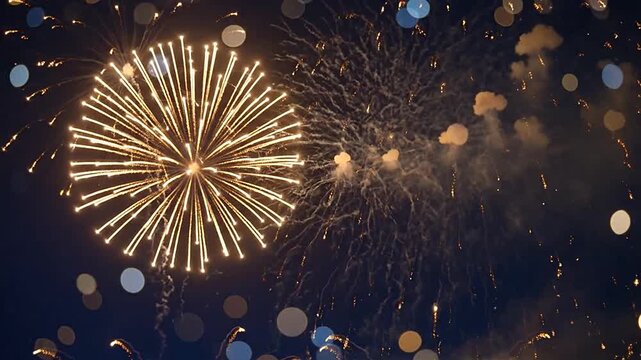 Beautiful display of colorful fireworks exploding in the night sky with bokeh effect