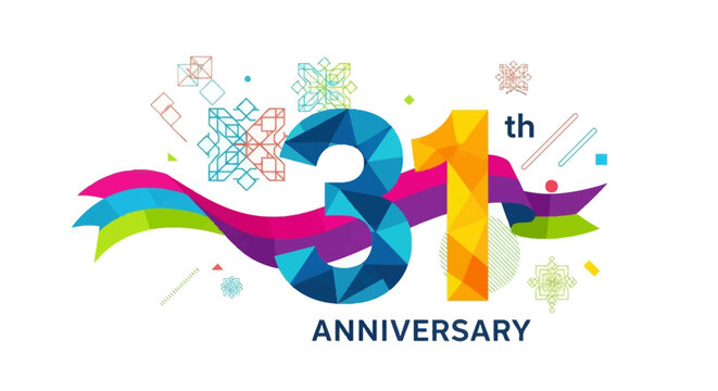 Vibrant and colorful 31st anniversary celebration logo with geometric patterns and flowing ribbons on a white background.