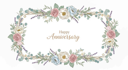 Fototapeta premium Elegant floral frame with pastel roses, lavender, and eucalyptus leaves surrounding 'Happy Anniversary' text, perfect for celebrations.
