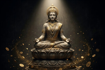 Obraz premium Stone statue of goddess lakshmi sitting on a lotus with golden coins for sita navami and devi sita and devi lakshmi and hindu festival puja