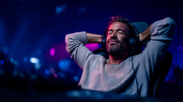 Serene Gamer's Moment: A relaxed gamer, lost in a world of immersive sounds, reclines with eyes closed, embodying pure enjoyment and tranquility. The scene is illuminated by vibrant light.