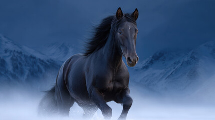Fototapeta premium Black horse gallop in snow with mountain and mist, powerful winter equine scene