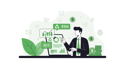Fototapeta premium Businessman analyzing ESG and ECO data on laptop, sustainable business growth concept