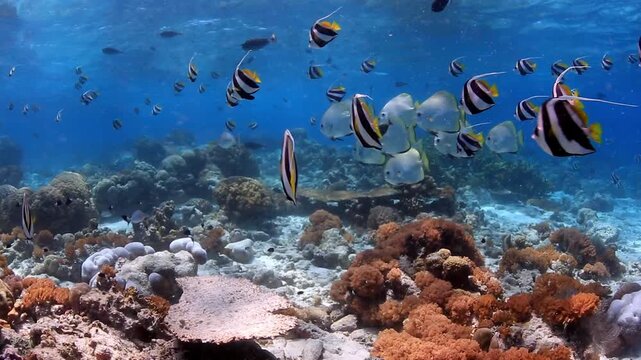 Large School of Pennant Coralfish and Batfish Swimming Over Tropical Reef