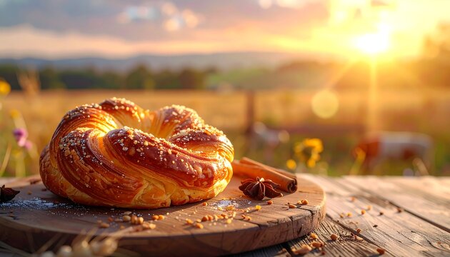 Delicious pretzel on wooden board outdoors.