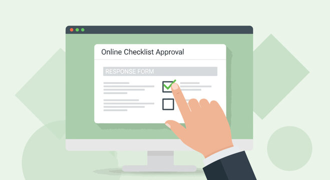 Online Checklist Approval: Hand checking box on digital response form on computer screen