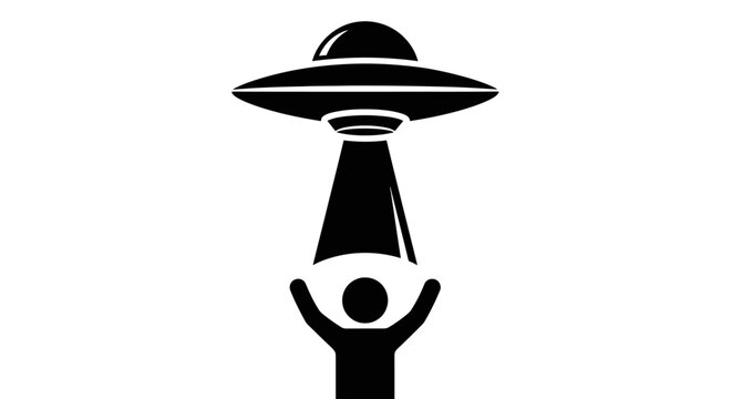 A black and white illustration of a person being abducted by a UFO