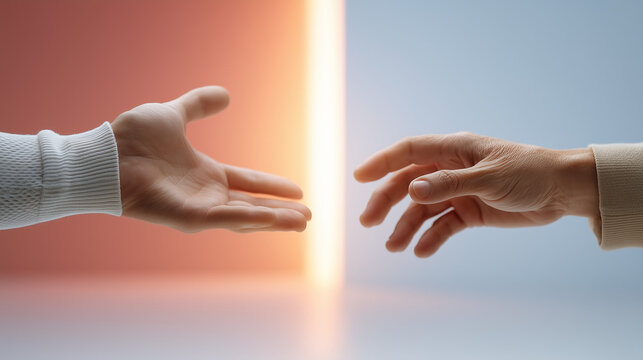 Connection and Opportunity: A pair of hands extends towards each other. One hand, clothed in the crisp white, reaches out, while the other is dressed in a soft, cream.