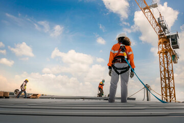 Construction worker wearing safety harness and safety line working on a metal industry roof new warehouse © Rassarin