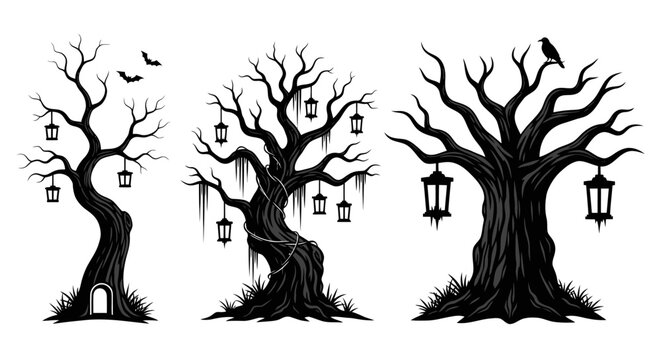 Black silhouette trees with lanterns hanging.