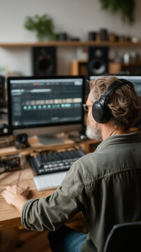 The Music Mixer: An experienced audio engineer, fully engrossed in his craft, meticulously crafts a symphony in a state-of-the-art studio, using innovative digital audio tools.