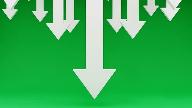White arrows pointing downwards on a vibrant green background, simple and modern design concept