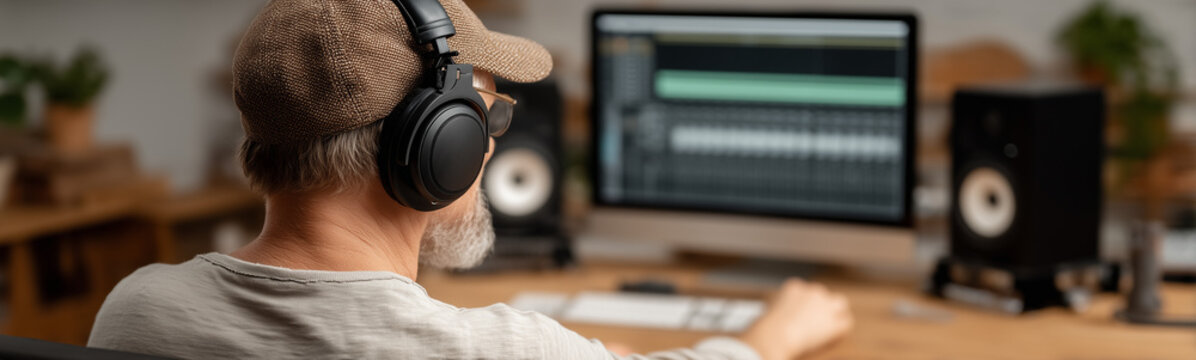 Creative Workspace: A man, headphones on, immersed in audio production, crafting a sonic masterpiece within his studio.