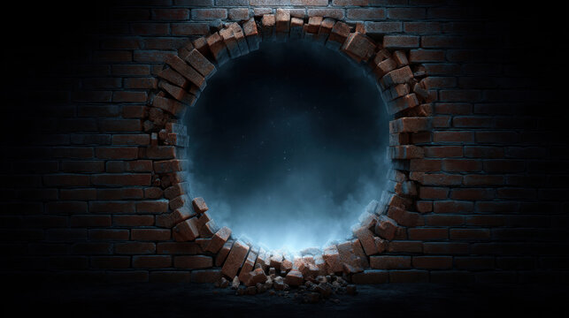 Broken brick wall circular hole dark background blue glow smoke ruined masonry damaged surface urban texture dramatic lighting gritty texture