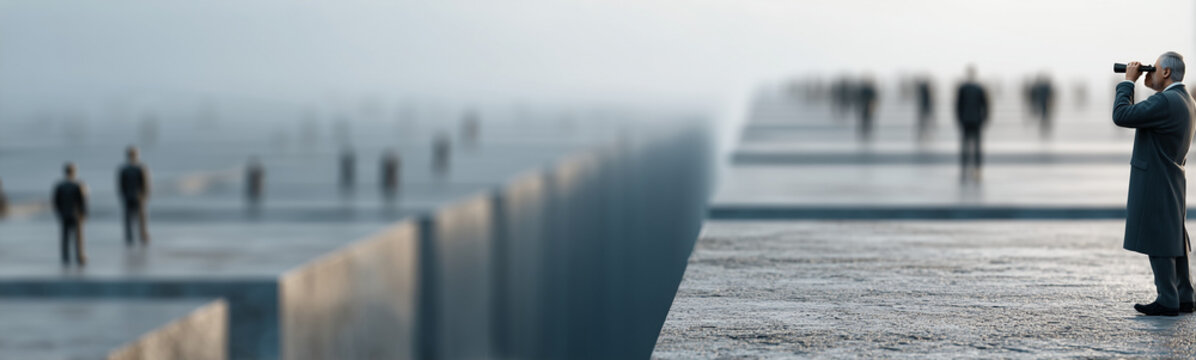 Visionary Perspective: A contemplative figure gazes through binoculars towards an uncertain future, as a throng of individuals traverse an ambiguous landscape.