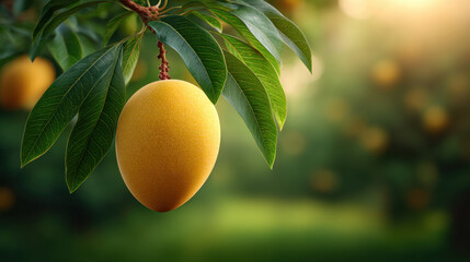 Obraz premium Ripe mango hanging fruit tropical fruit mango tree green leaf yellow fruit close up fresh fruit orchard summer fruit soft light blurred background natural light food agriculture organic ripe juicy