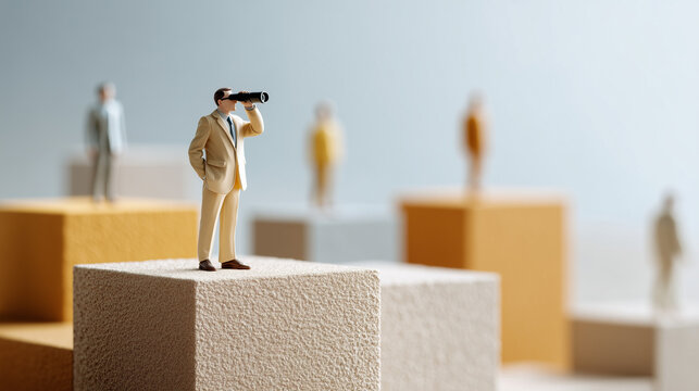 Visionary Vanguard: A miniature figure surveys the landscape through a telescope, symbolizing strategic foresight and future planning amid a field of blurred colleagues.