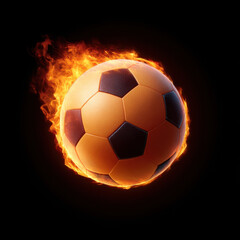 Naklejka premium Fiery soccer ball flying toward camera on black background, glowing flame around orange and black ball