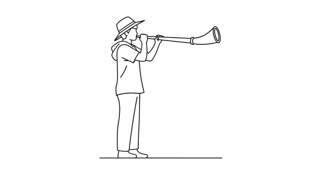Man playing a long wooden alphorn instrument, musical performance.
