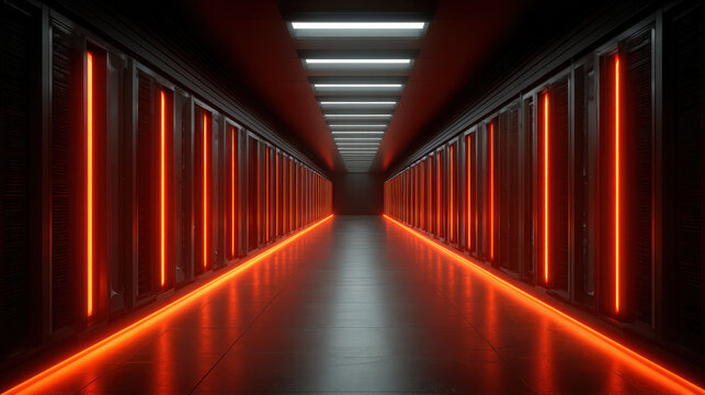 Futuristic server farm corridor with red orange light and black data cabinet rows in modern technology interior