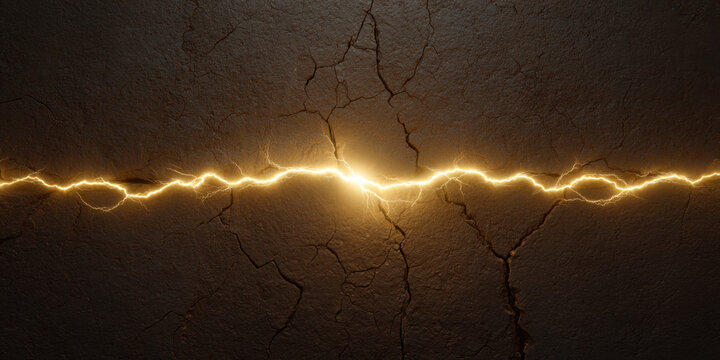 Golden lightning bolt on cracked dark wall, glowing electric energy and dramatic abstract background