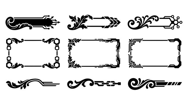 Set of black cyber baroque banners, futuristic frames, and decorative borders. Combines classic floral swirls with modern sci-fi tech circuit lines