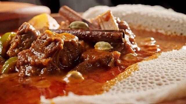 Delicious Ethiopian Doro Wat Stew with Injera Bread Closeup.