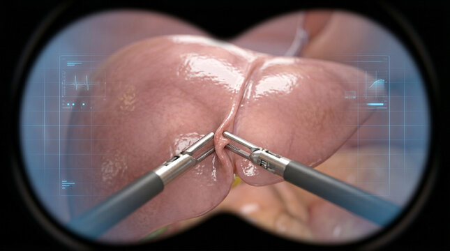 Robotic surgical tools performing minimally invasive procedure on human liver through laparoscopic view.