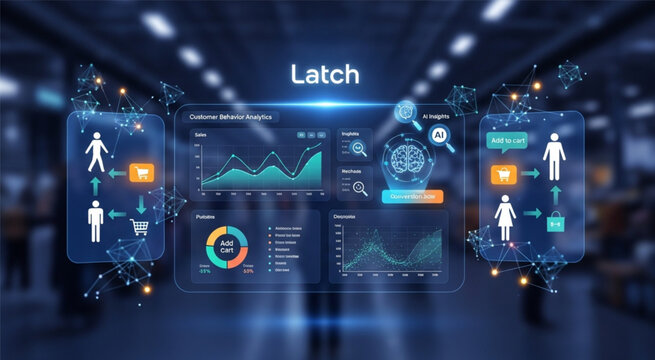 Retail Customer Behavior Analytics Dashboard Interface with AI Insights Shopping Conversion Data Visualization Futuristic Smart Store Technology Background