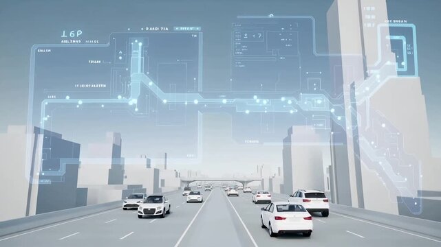 Futuristic city highway with white car driving and digital map navigation overlay showing route and smart city technology details