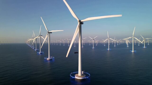 Offshore wind turbine farm with glowing blue bases on calm sea under clear sky generating renewable energy and clean sustainable power over ocean