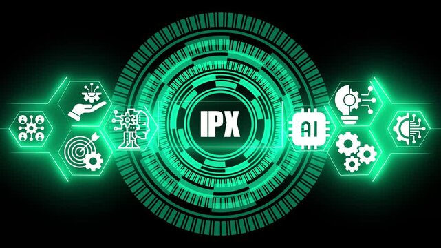 Ipx internetwork packet exchange technology concept with glowing green digital interface featuring artificial intelligence and circular data processing patterns on a dark background