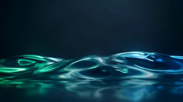 Abstract liquid wave blue green fluid smooth surface dark background with reflection motion flow ripple glossy gradient and neon glow, futuristic digital style with teal light and flowing reflective