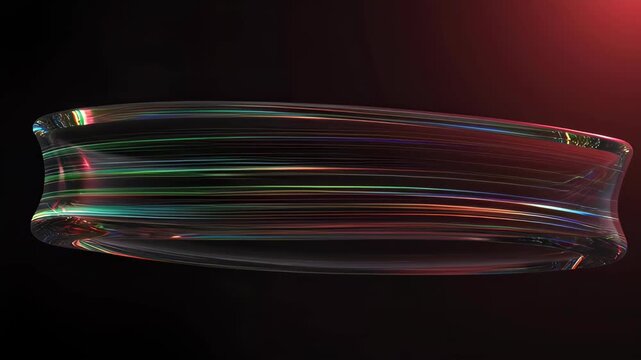 Abstract iridescent glass ribbon and banner with colorful light streaks, red light glow, rainbow light, smooth reflective surface on dark background