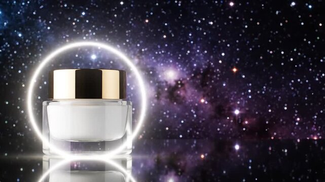 Cosmic Skincare Advertising: Elegant cream jar broll against a vibrant starry galaxy background for luxurious beauty product promotion.