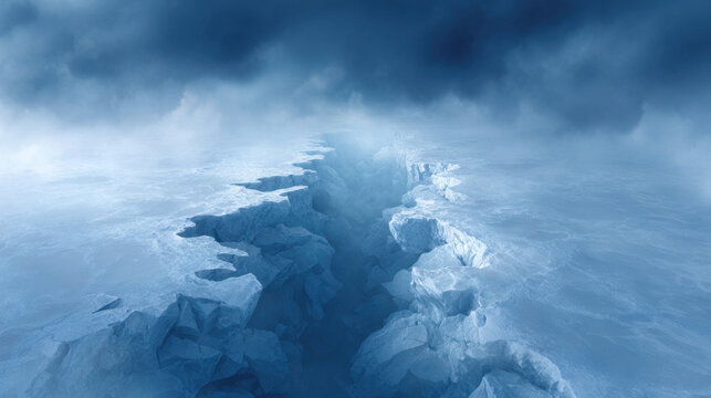 Ice crack frozen fissure glacial fracture frozen landscape blue ice arctic ice cold climate snow frost mist deep crevasse icy surface winter dramatic sky abstract nature remote wilderness glacier