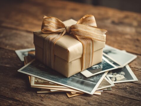 Wrapped gift box on vintage photographs