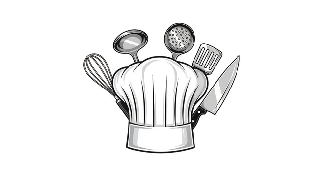 Chef hat with kitchen utensils.