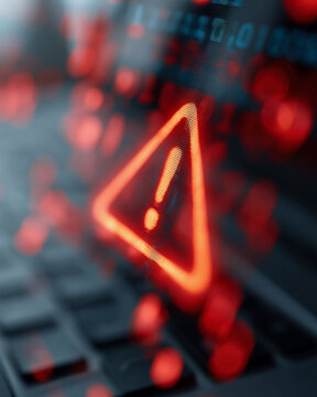 Red warning symbol glows over dark keyboard. Binary code flickers in blurred background. Digital alert suggests system error or security threat. Focused, urgent vibe suits tech or cybersecurity themes