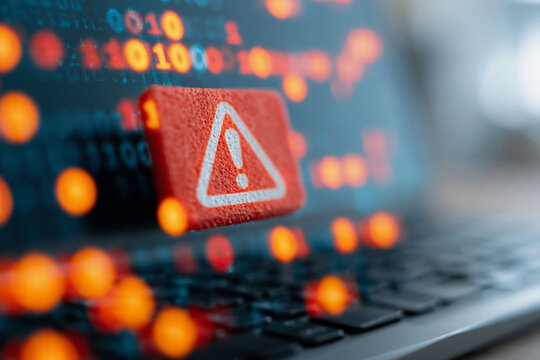 Red warning sign flashes on laptop screen. Data streams glow in background with orange bokeh. Alert symbol suggests system error or security breach. Close-up shot highlights urgency and digital risk