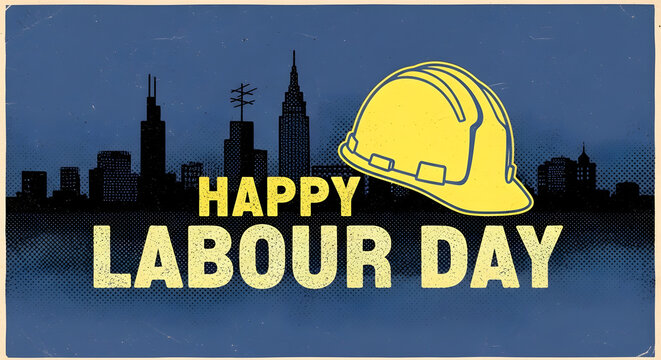 Yellow hard hat with Happy Labour Day text and skyline