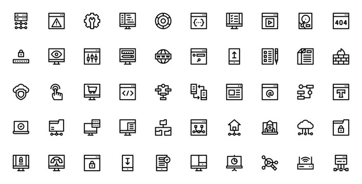 Web development icon set. Vector icons pack for design, coding, security and more. Includes symbols for programming, firewall, cloud, responsive design, optimization and usability.