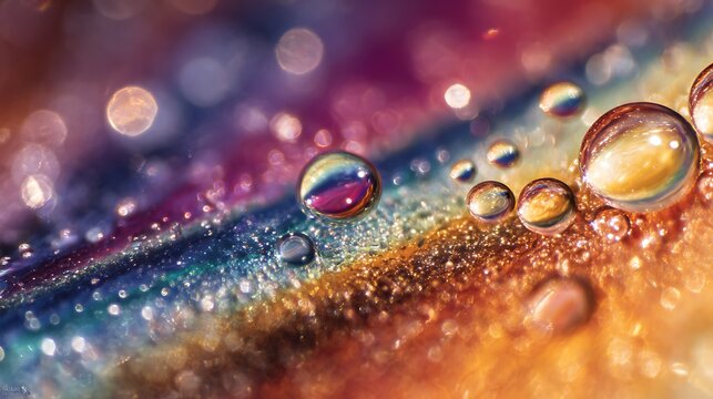 Vibrant colorful water droplets on surface.