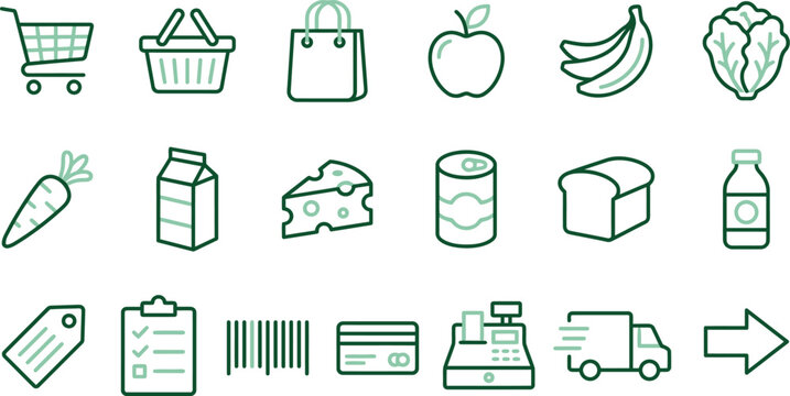 A comprehensive collection of green line icons representing essential groceries, shopping, and retail services.