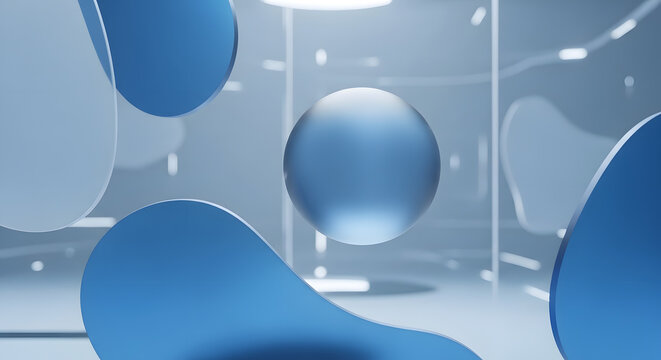 Abstract 3D liquid shapes and a transparent sphere in a clean, minimalist environment