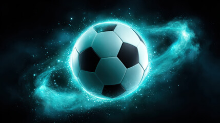 Fototapeta premium Soccer ball mid flight with swirling turquoise light on dark background, glowing sports sphere in motion
