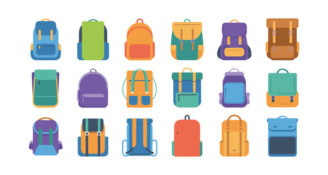 Minimalist backpack icons set for web and mobile apps colorful rucksack collection for hiking and school activities.