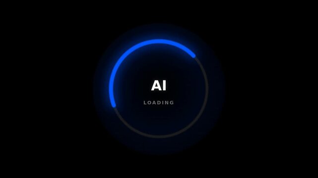 A sleek black background features a circular loading animation with blue and white accents indicating AI loading