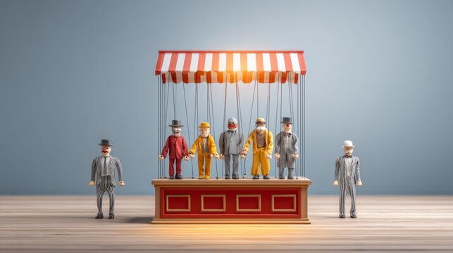 Miniature theater stage with puppets performing in a colorful frame